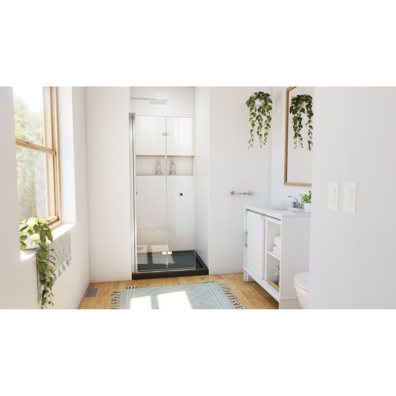 DreamLine Aqua-Q Fold 36 in. D x 36 in. W x 74 3/4 in. H Frameless Bi-Fold Shower Door in Chrome with Black Acrylic Base Kit