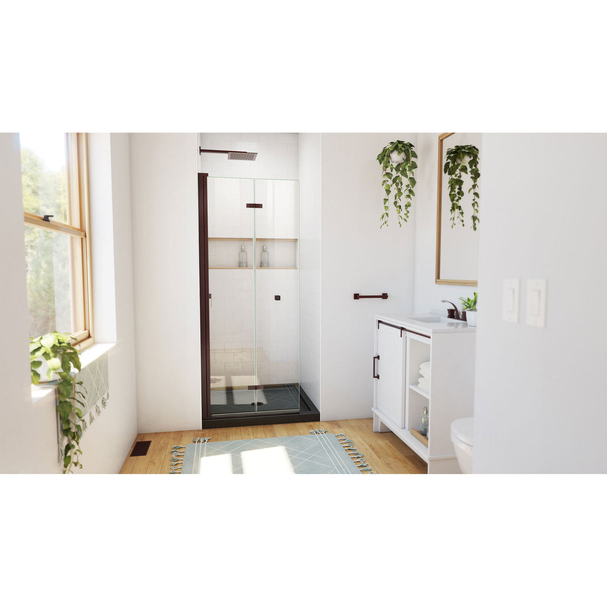 DreamLine Aqua-Q Fold 32 in. D x 32 in. W x 74 3/4 in. H Frameless Bi-Fold Shower Door in Oil Rubbed Bronze with Black Base Kit