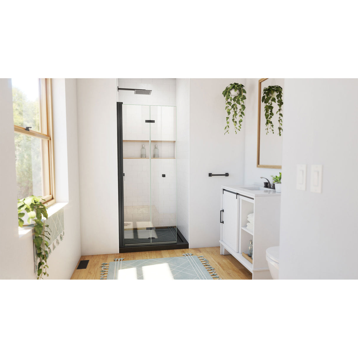 DreamLine Aqua-Q Fold 32 in. D x 32 in. W x 74 3/4 in. H Frameless Bi-Fold Shower Door in Satin Black with Black Acrylic Base Kit