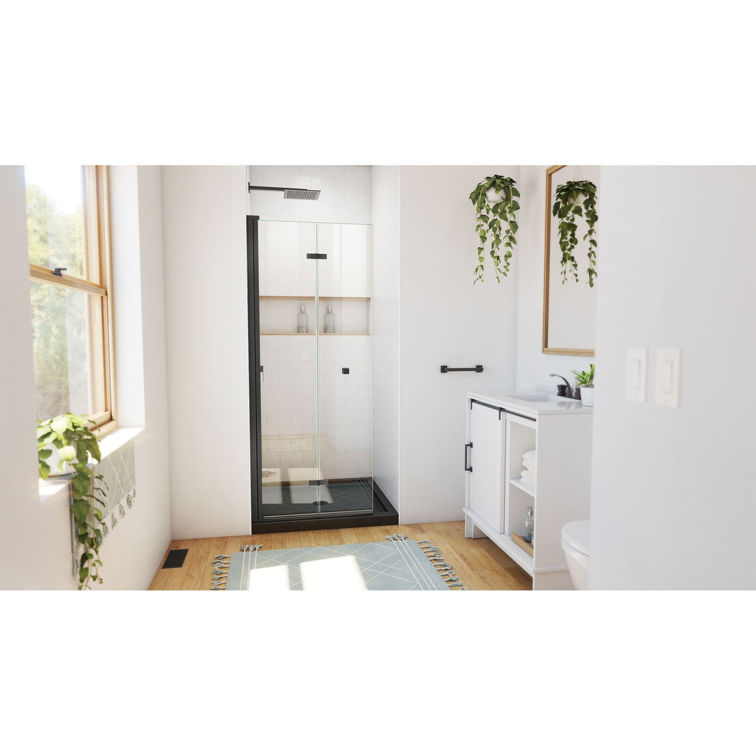 DreamLine Aqua-Q Fold 32 in. D x 32 in. W x 74 3/4 in. H Frameless Bi-Fold Shower Door in Satin Black with Black Acrylic Base Kit