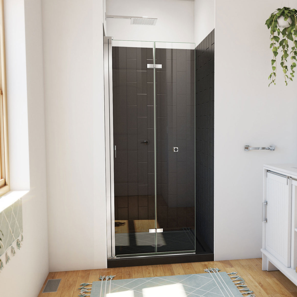 DreamLine Aqua-Q Fold 32 in. D x 32 in. W x 76 3/4 in. H Frameless Bi-Fold Shower Door in Chrome with Black Acrylic Kit