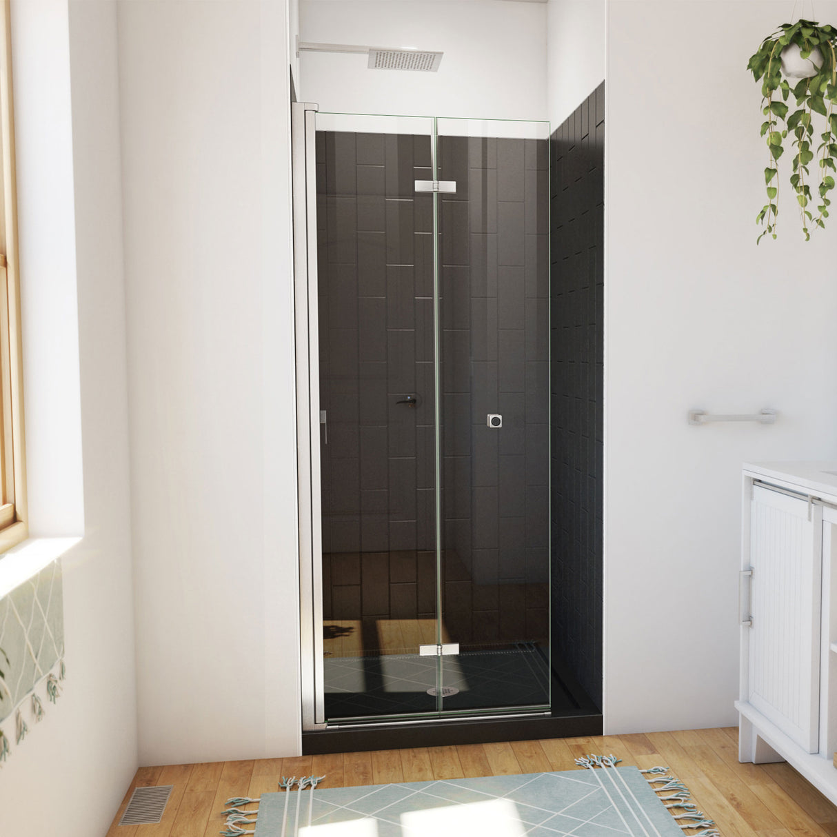 DreamLine Aqua-Q Fold 32 in. D x 32 in. W x 76 3/4 in. H Frameless Bi-Fold Shower Door in Brushed Nickel with Black Acrylic Kit