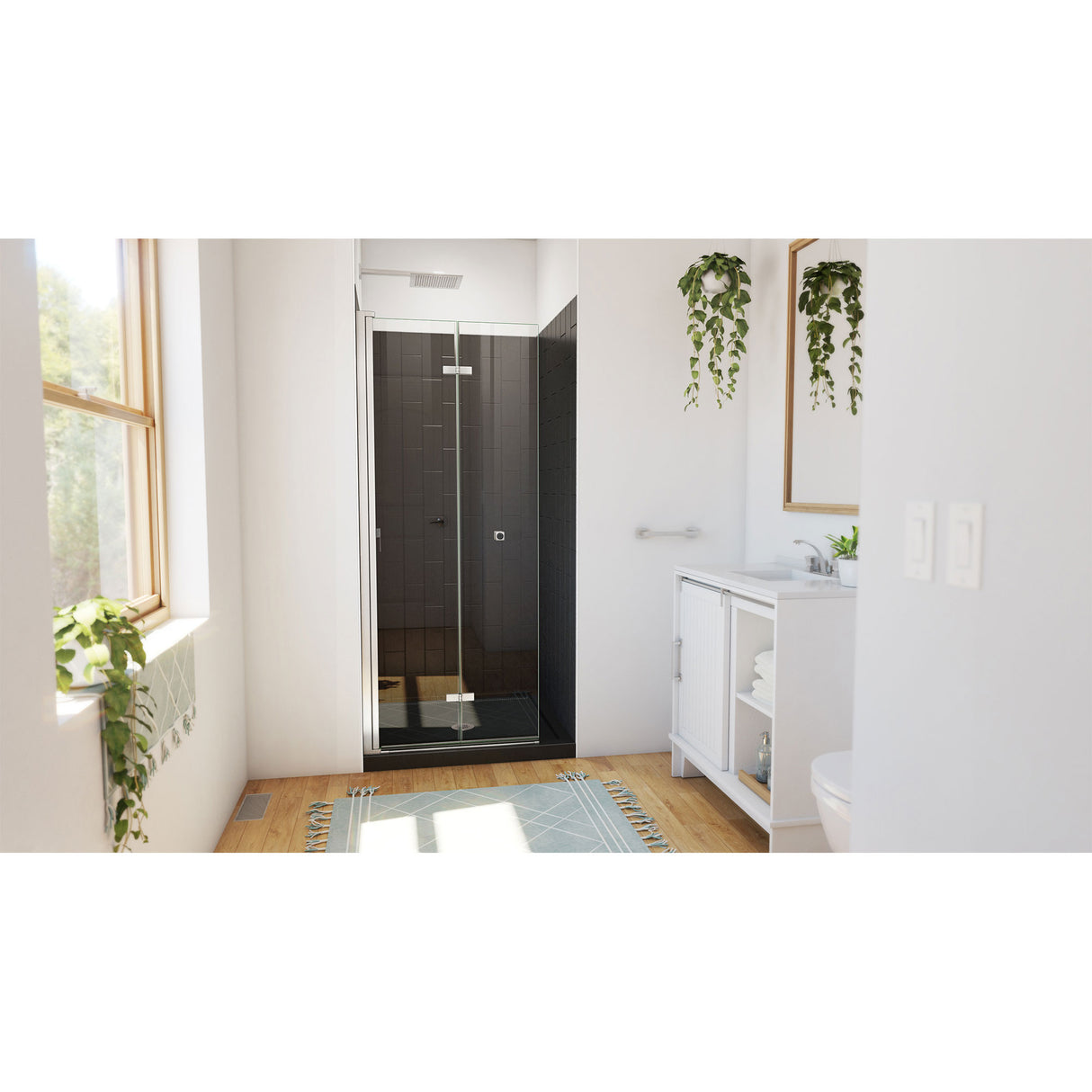 DreamLine Aqua-Q Fold 32 in. D x 32 in. W x 76 3/4 in. H Frameless Bi-Fold Shower Door in Brushed Nickel with Black Acrylic Kit