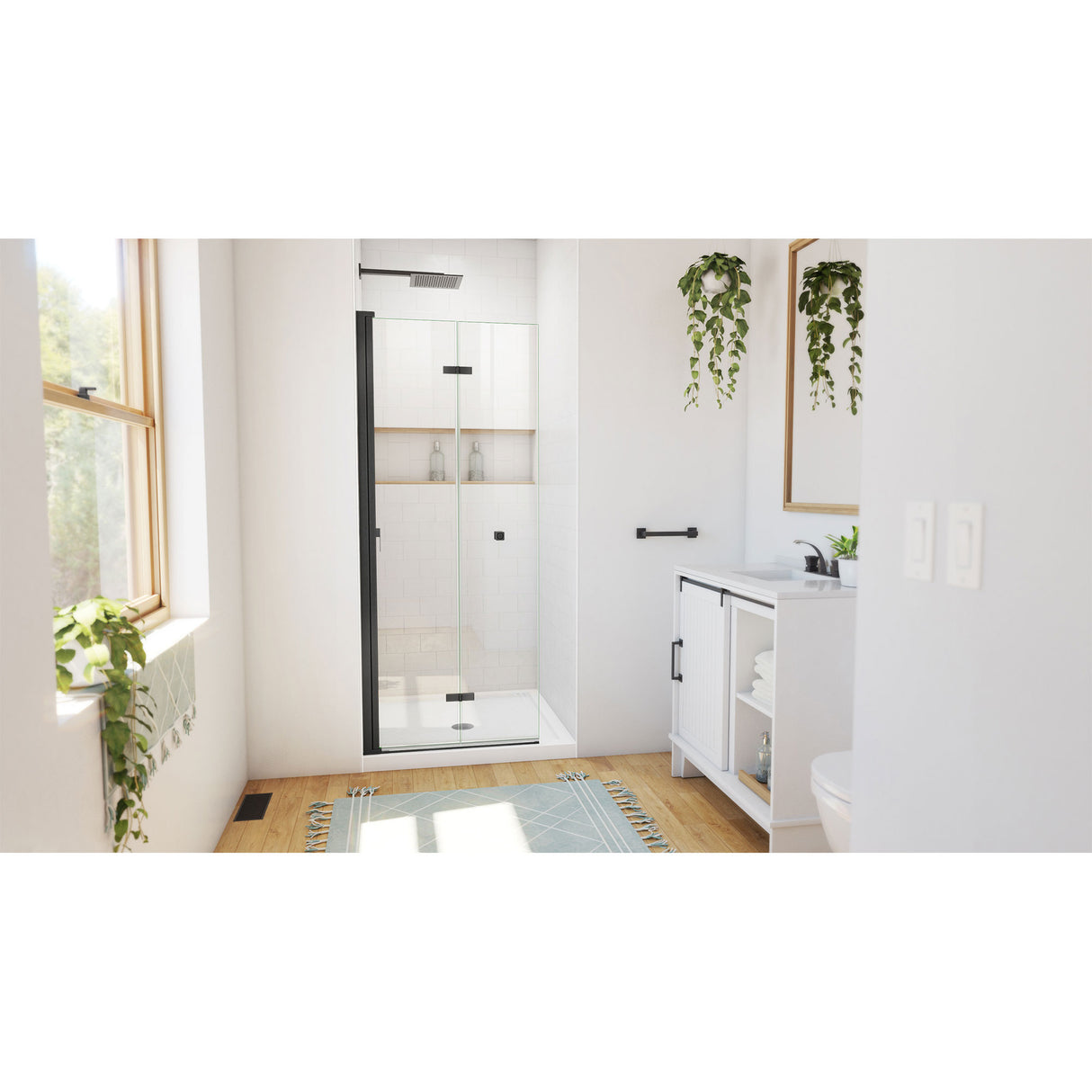 DreamLine Aqua-Q Fold 32 in. D x 32 in. W x 74 3/4 in. H Frameless Bi-Fold Shower Door in Satin Black with White Acrylic Base Kit