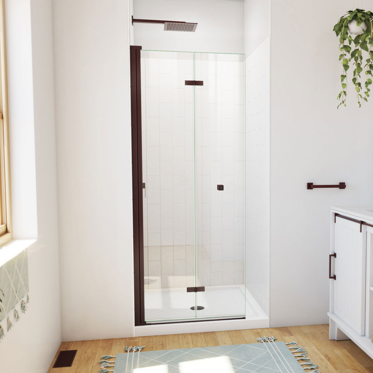 DreamLine Aqua-Q Fold 32 in. D x 32 in. W x 76 3/4 in. H Frameless Bi-Fold Shower Door in Oil Rubbed Bronze with White Kit