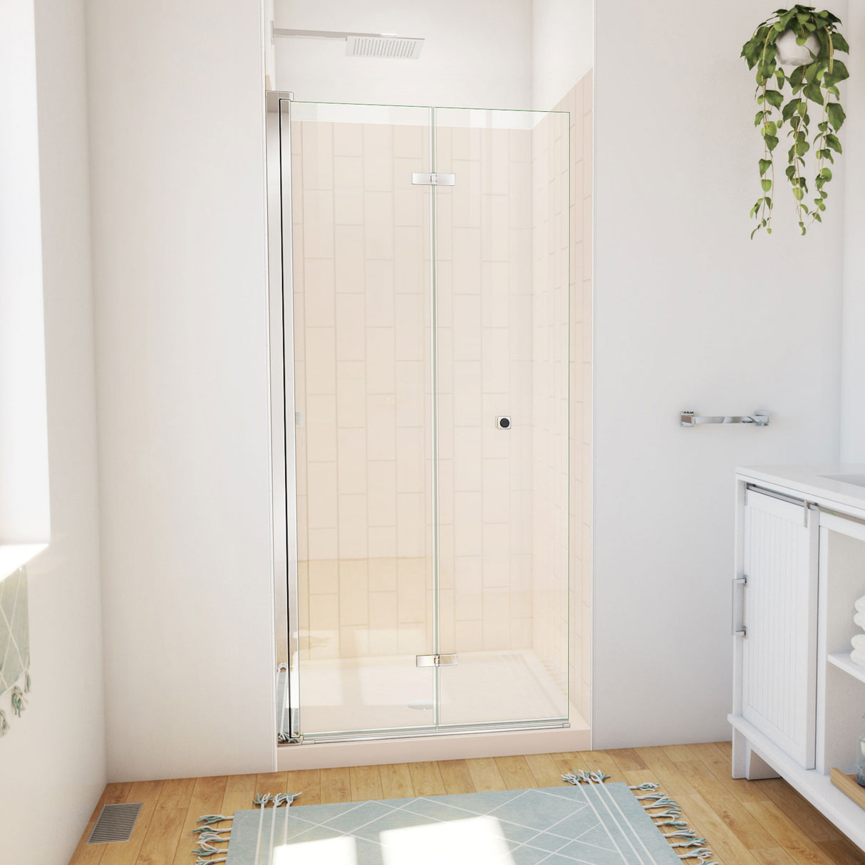 DreamLine Aqua-Q Fold 36 in. D x 36 in. W x 76 3/4 in. H Frameless Bi-Fold Shower Door in Chrome with Biscuit Acrylic Kit