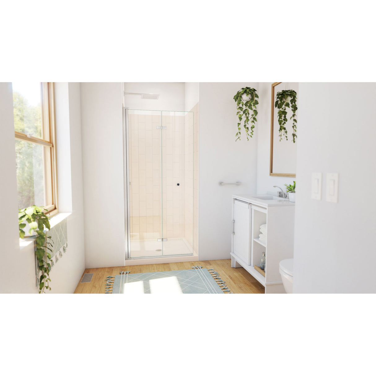 DreamLine Aqua-Q Fold 36 in. D x 36 in. W x 76 3/4 in. H Frameless Bi-Fold Shower Door in Brushed Nickel with Biscuit Acrylic Kit