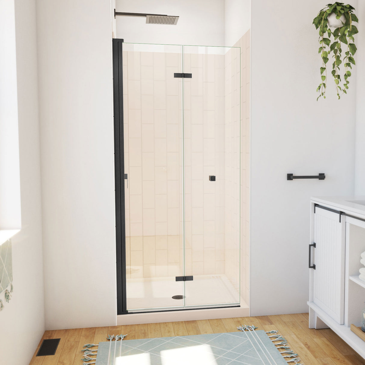 DreamLine Aqua-Q Fold 36 in. D x 36 in. W x 76 3/4 in. H Frameless Bi-Fold Shower Door in Satin Black with Biscuit Acrylic Kit