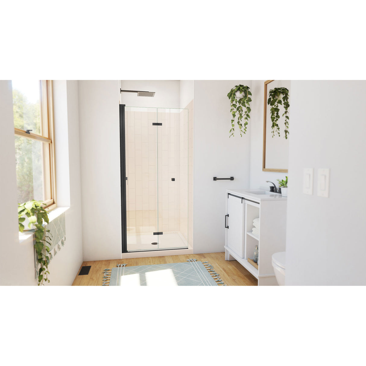DreamLine Aqua-Q Fold 36 in. D x 36 in. W x 76 3/4 in. H Frameless Bi-Fold Shower Door in Satin Black with Biscuit Acrylic Kit