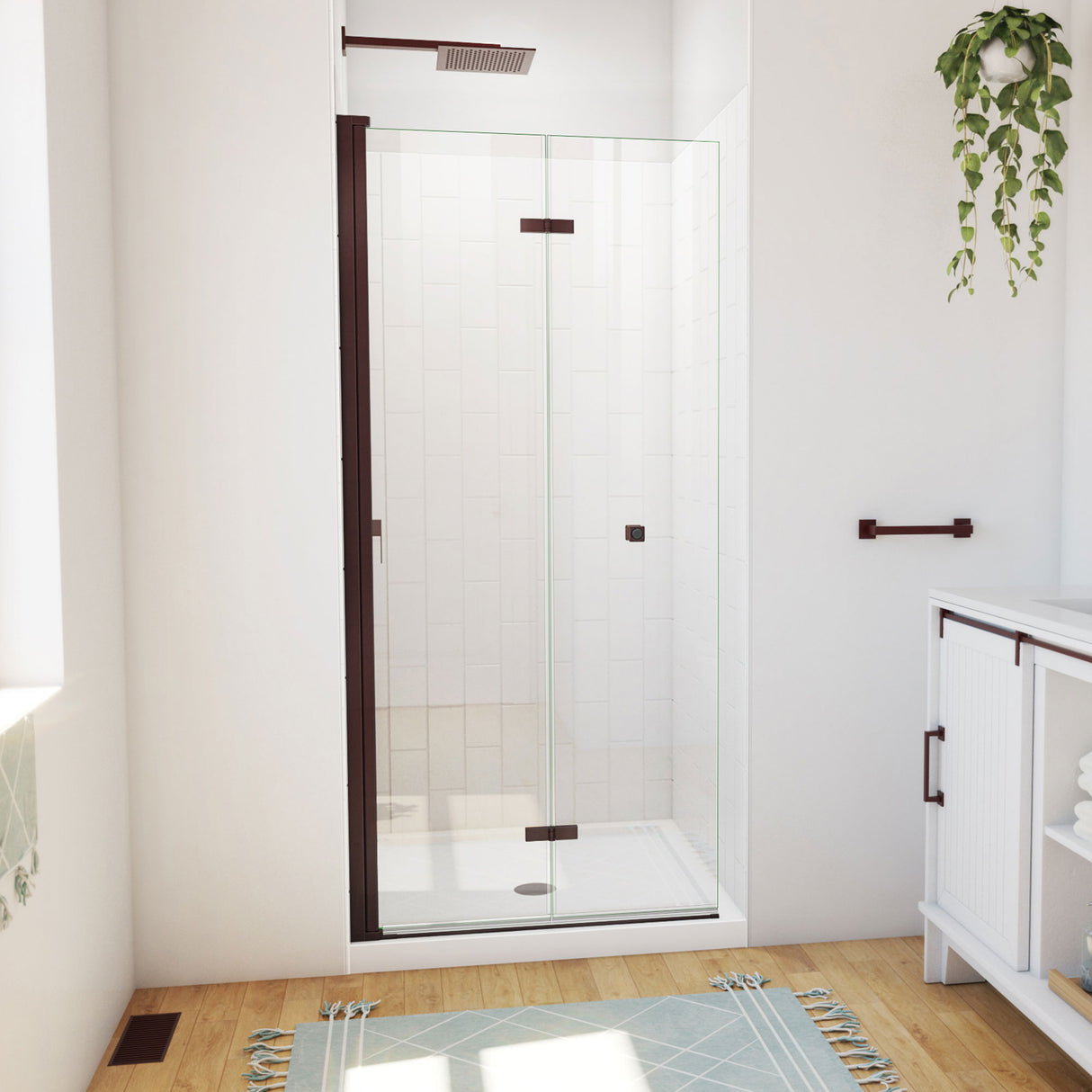 DreamLine Aqua-Q Fold 36 in. D x 36 in. W x 76 3/4 in. H Frameless Bi-Fold Shower Door in Oil Rubbed Bronze with White Kit