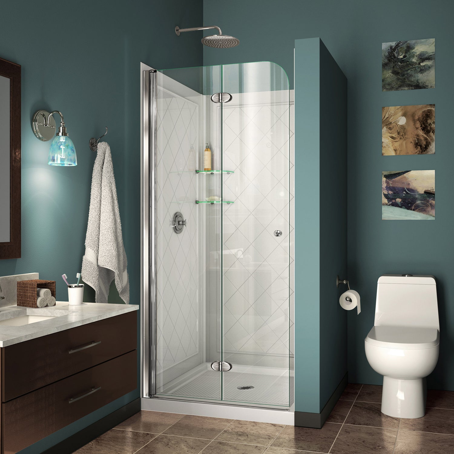 DreamLine Aqua Fold 32 in. D x 32 in. W x 76 3/4 in. H Frameless Bi-Fold Shower Door in Chrome with White Base and Wall Kit