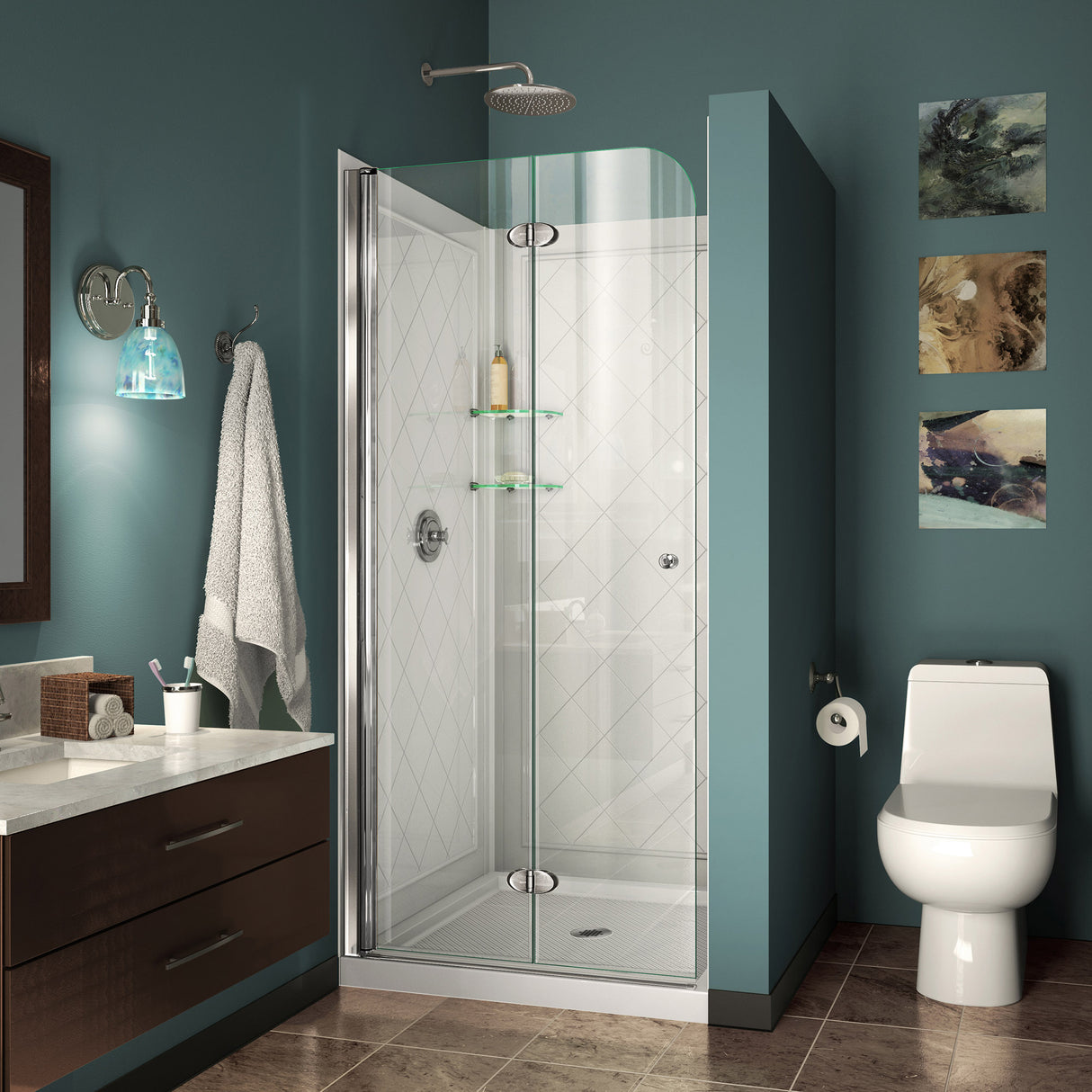DreamLine Aqua Fold 36 in. D x 36 in. W x 76 3/4 in. H Frameless Bi-Fold Shower Door in Chrome with White Base and Wall Kit