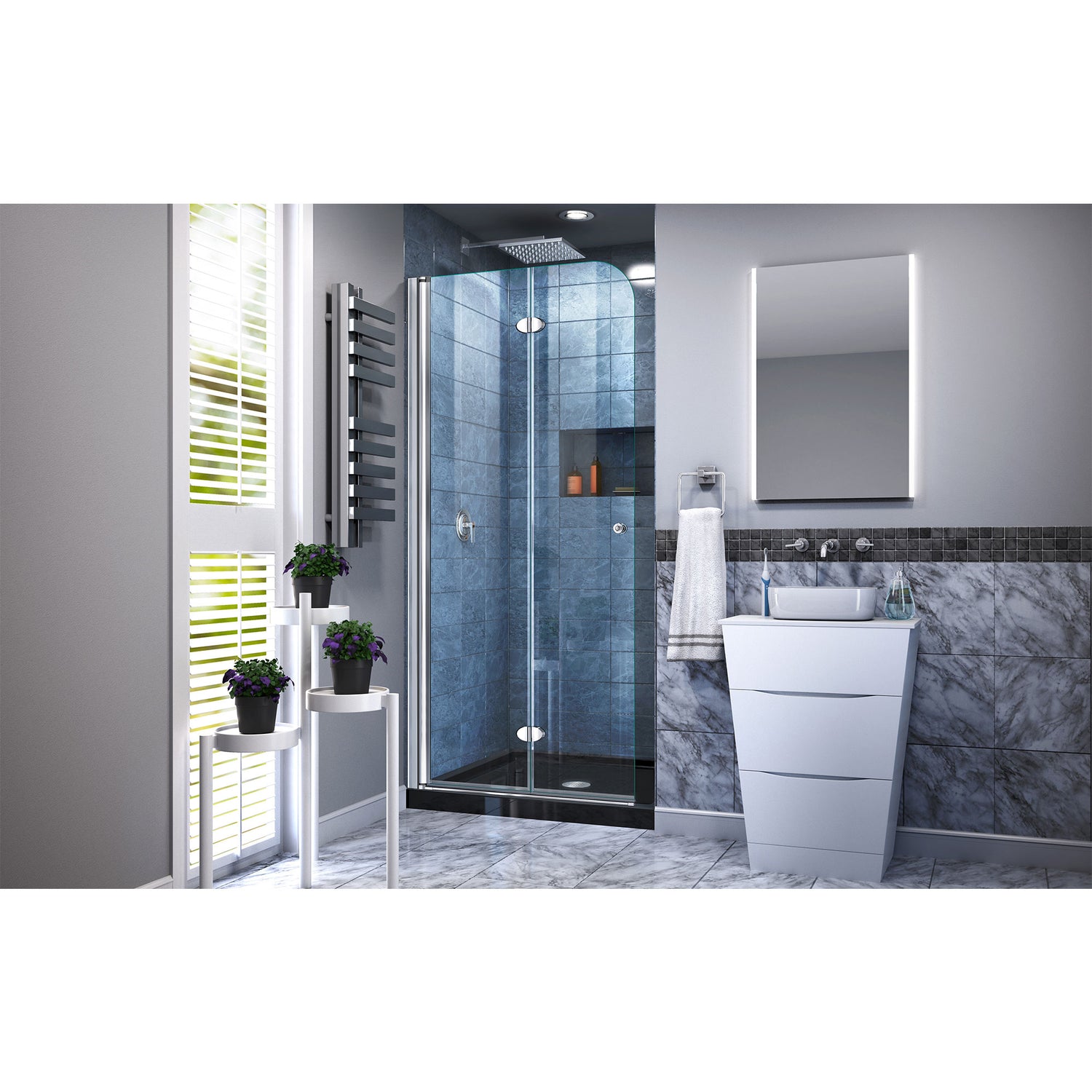 DreamLine Aqua Fold 36 in. D x 36 in. W x 74 3/4 in. H Frameless Bi-Fold Shower Door in Chrome with Black Acrylic Base Kit