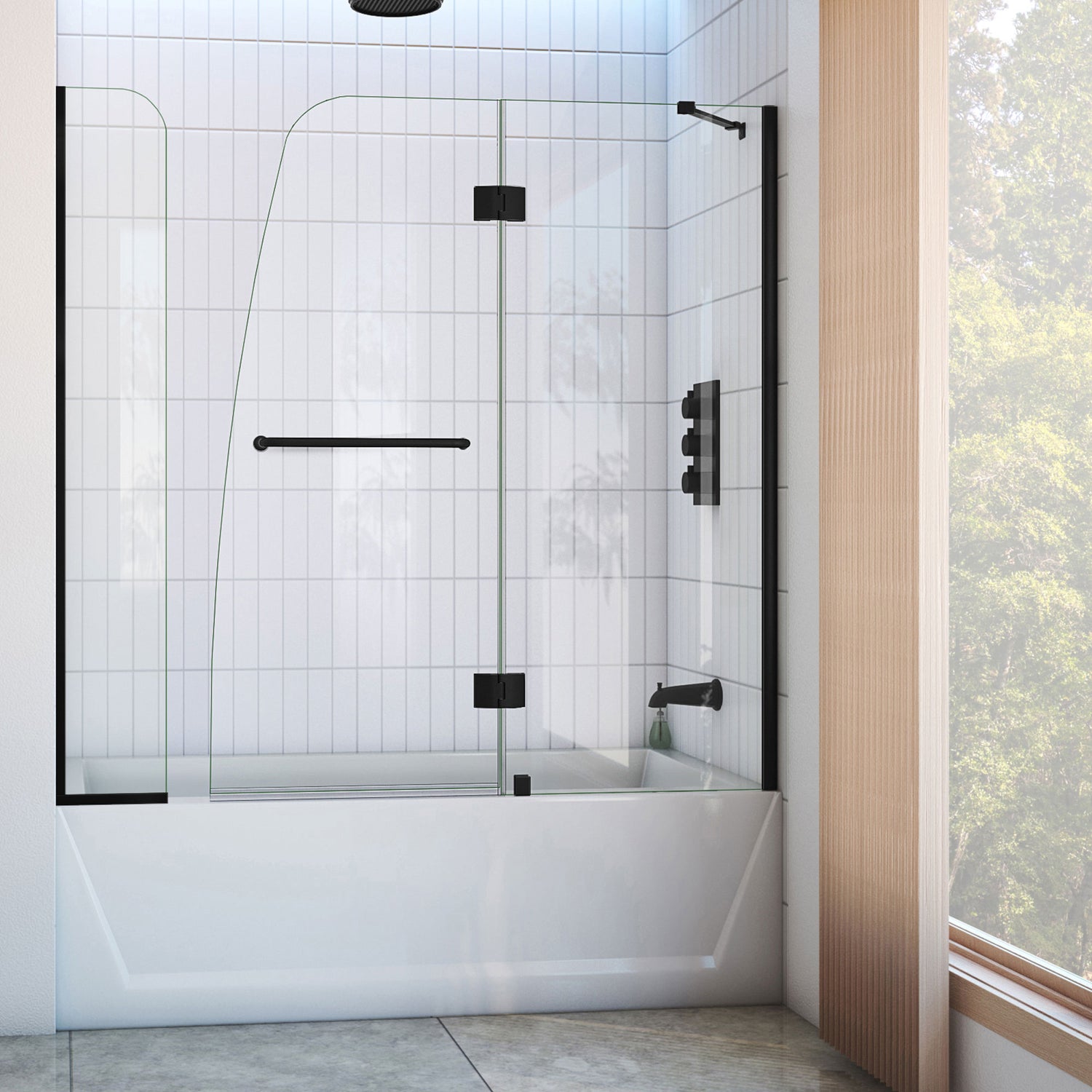 DreamLine Aqua 56-60 in. W x 58 in. H Frameless Hinged Tub Door with Extender Panel in Satin Black