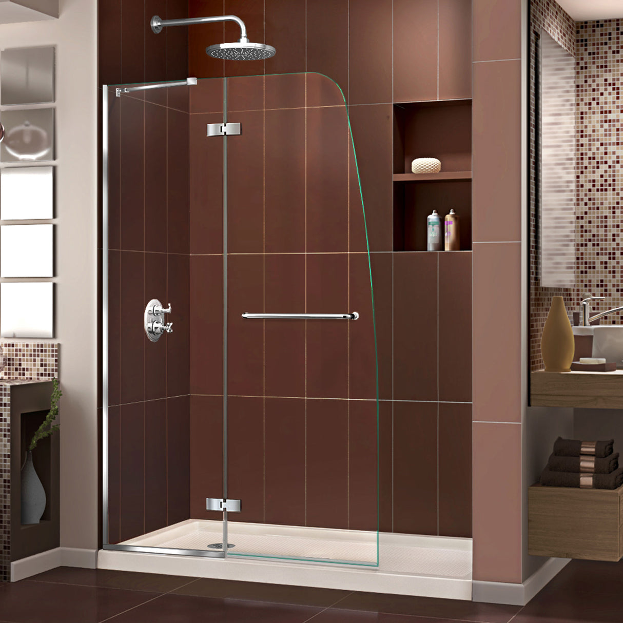 DreamLine Aqua Ultra 30 in. D x 60 in. W x 74 3/4 in. H Frameless Shower Door in Chrome and Left Drain Biscuit Base Kit