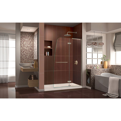 DreamLine Aqua Ultra 36 in. D x 60 in. W x 74 3/4 in. H Frameless Shower Door in Brushed Nickel and Right Drain Biscuit Base Kit