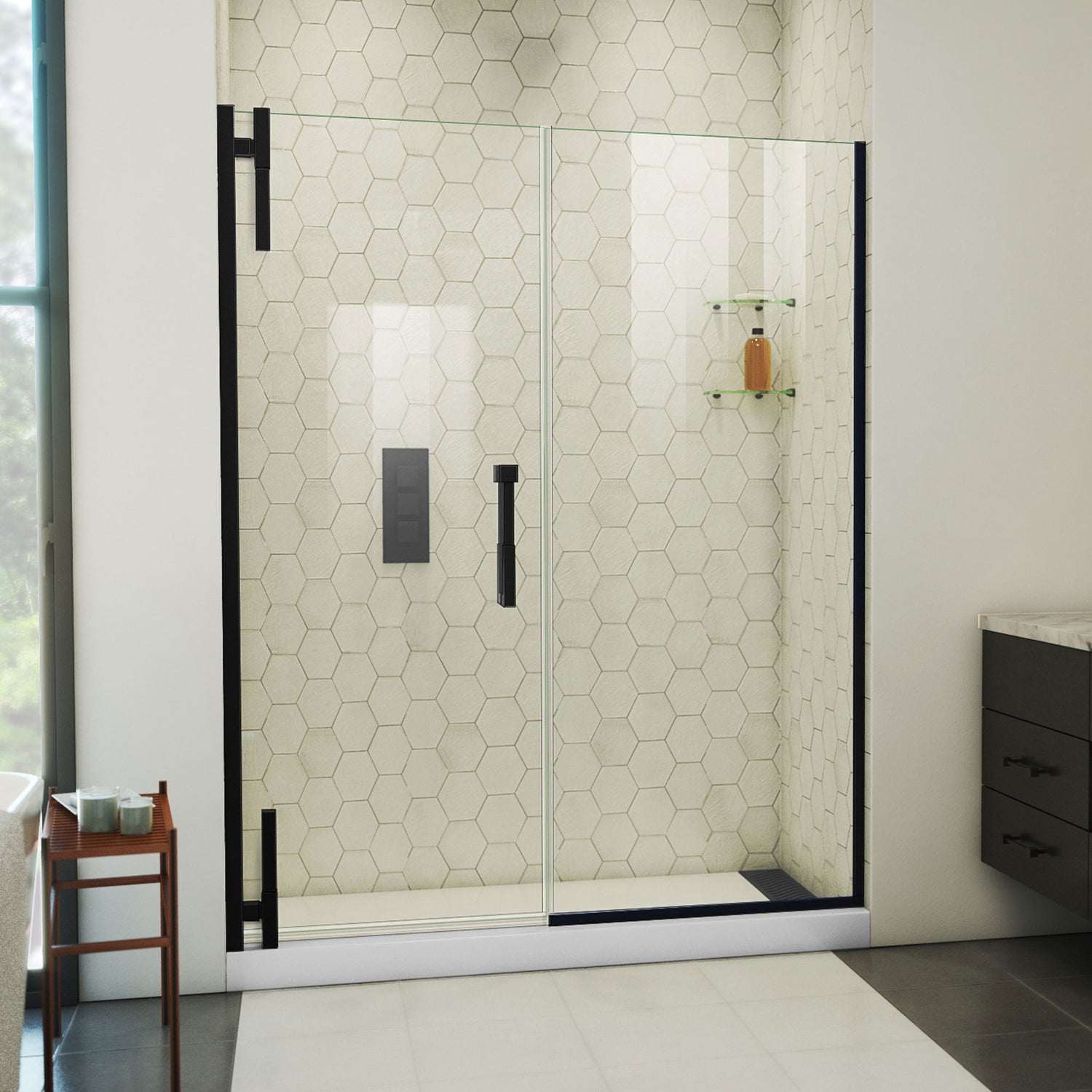 DreamLine Ascend 58 1/2-59 1/2 in. W x 72 in. H Frameless Pivot Shower Door in Satin Black