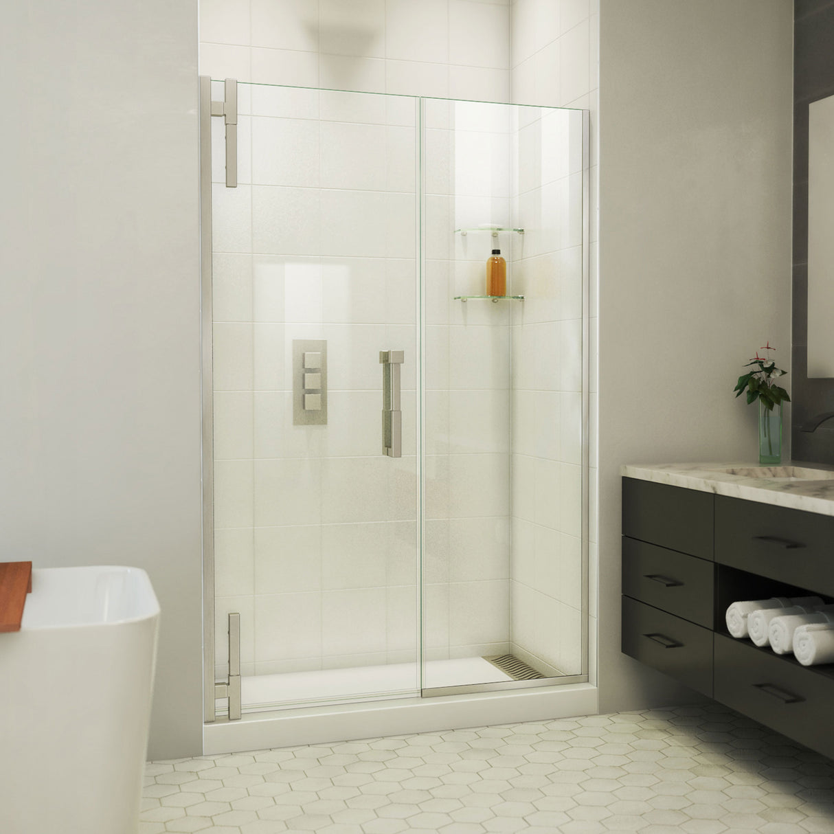 DreamLine Ascend 56-57 in. W x 72 in. H Frameless Pivot Shower Door in Brushed Nickel
