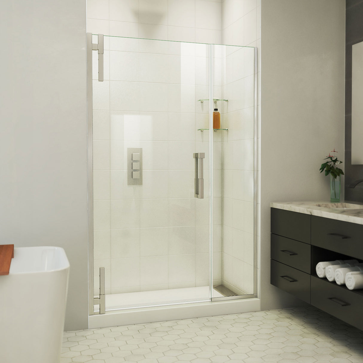 DreamLine Ascend 46 1/2-47 1/2 in. W x 72 in. H Frameless Pivot Shower Door in Brushed Nickel