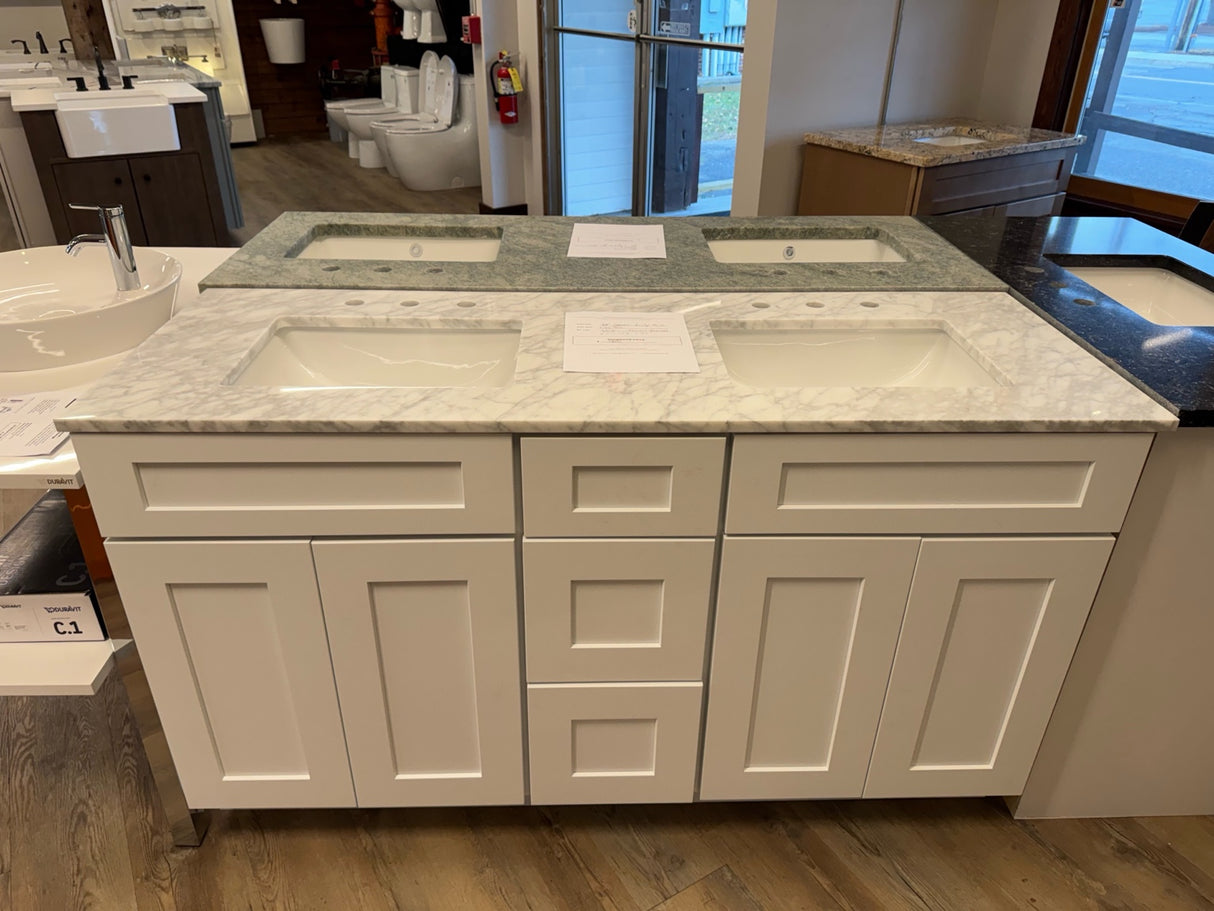Cab-Tech 60" Double Vanity Suite – White with Custom Marble Top – Floor Model