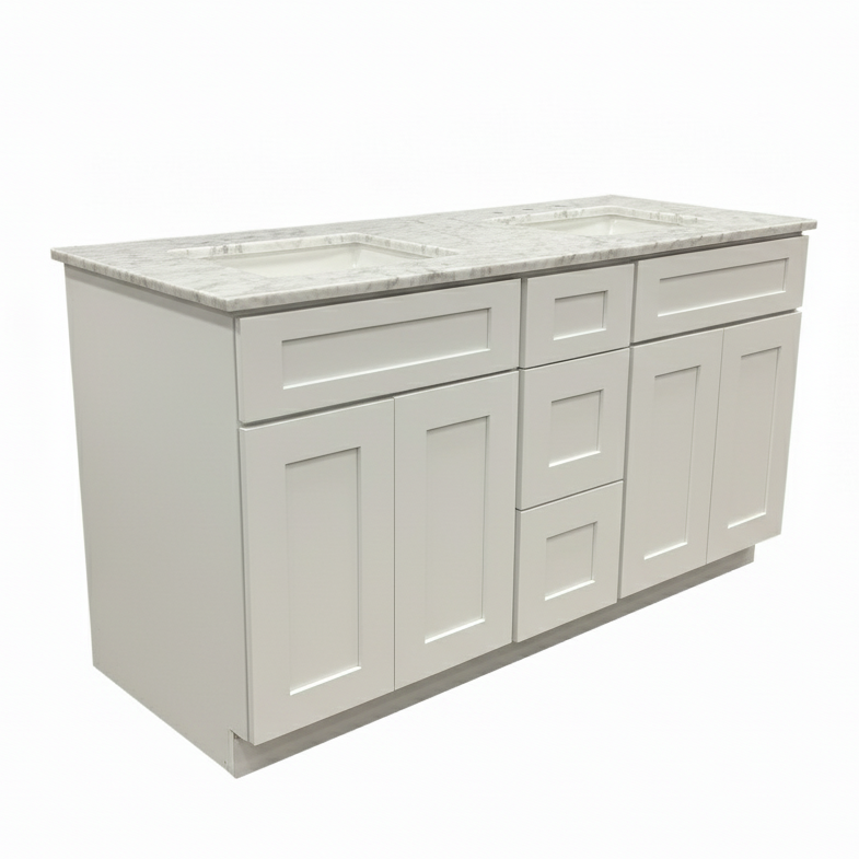 Cab-Tech 60" Double Vanity Suite – White with Custom Marble Top – Floor Model