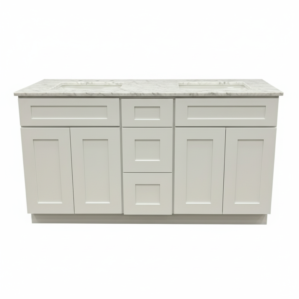 Cab-Tech 60" Double Vanity Suite – White with Custom Marble Top – Floor Model