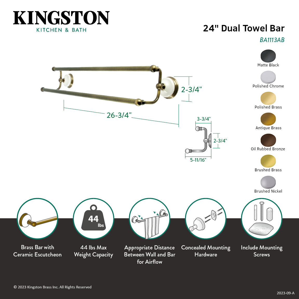 Victorian BA1113PB 24-Inch Dual Towel Bar, Polished Brass
