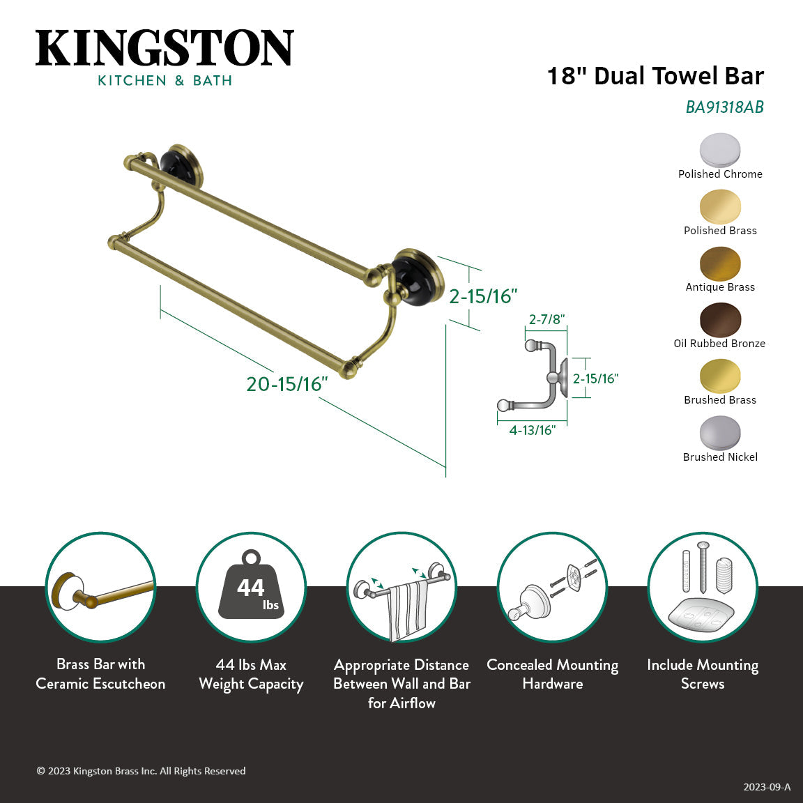 Water Onyx BA91318AB 18-Inch Dual Towel Bar, Antique Brass