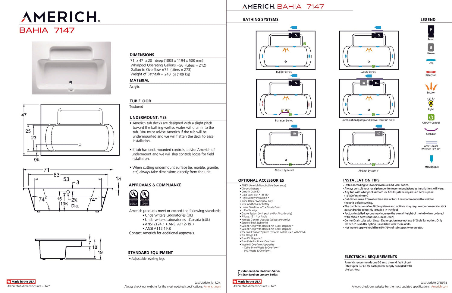 Americh BH7147TA2-BI Bahia 7147 - Tub Only / Airbath 2 - Biscuit