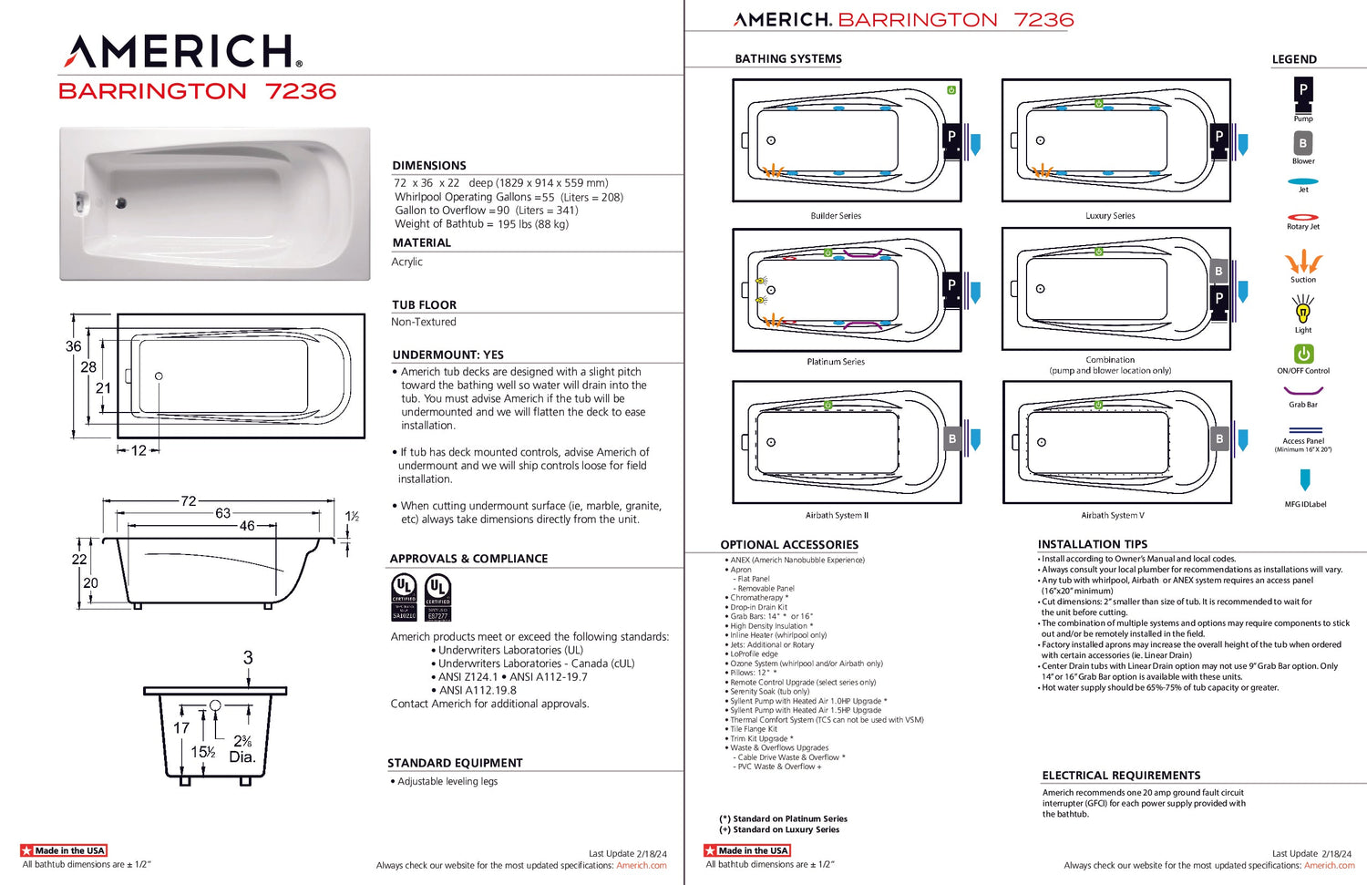 Americh BA7236TA2-BI Barrington 7236 - Tub Only / Airbath 2 - Biscuit
