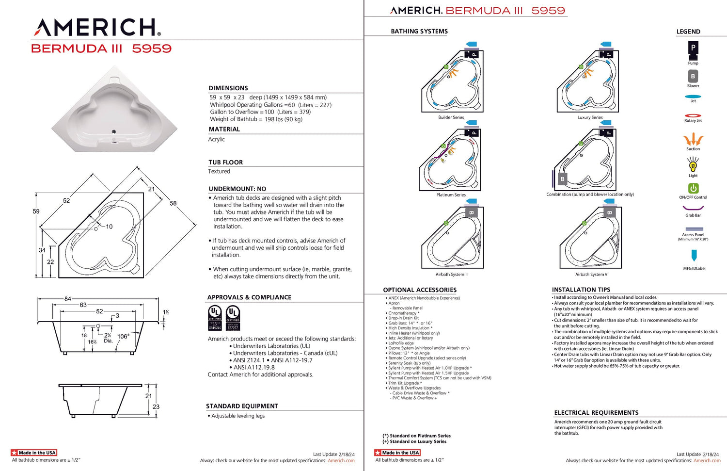 Americh BM0321TA2-BI Bermuda III 5959 - Tub Only / Airbath 2 - Biscuit