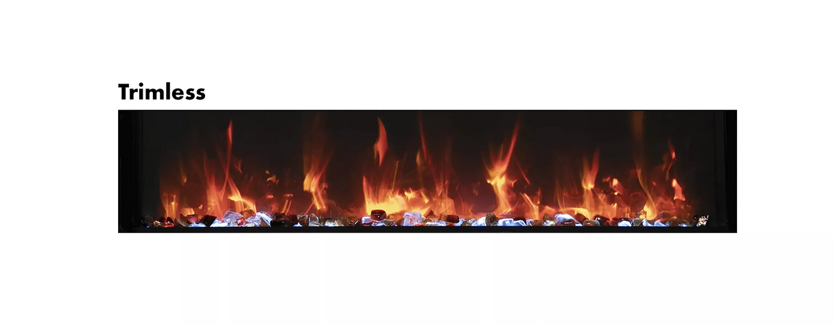 Amantii BI-88-SLIM-OD Panorama Slim Full View Smart Electric  - 88" Indoor /Outdoor WiFi Enabled Fireplace, featuring a MultiFunction Remote, Multi Speed Flame Motor, Glass Media & a Black Trim
