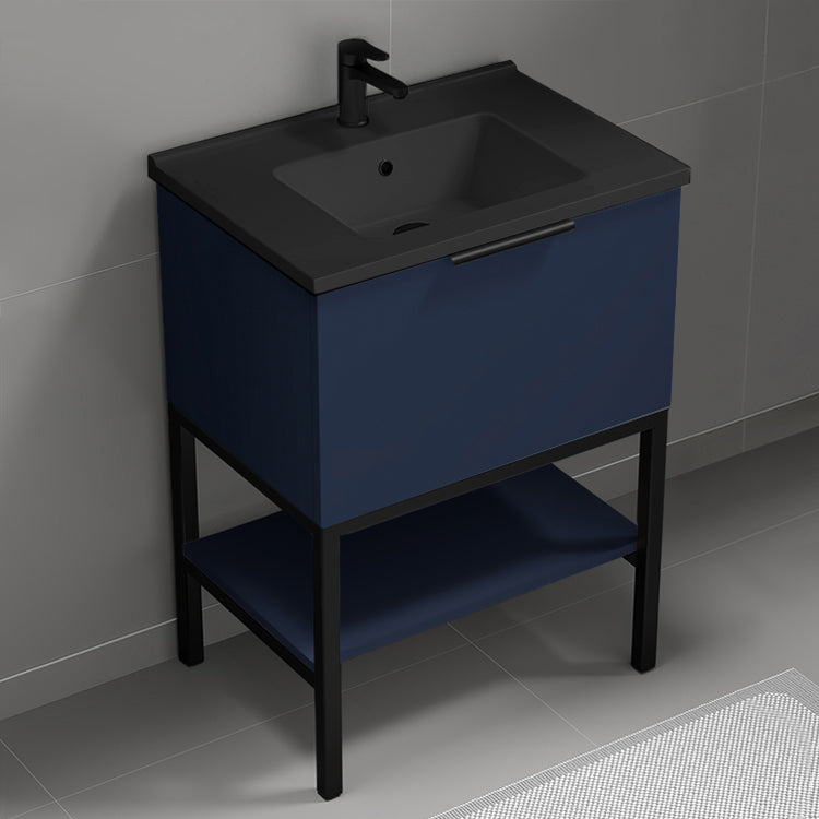 Modern Bathroom Vanity With Black Sink, Free Standing, 26", Night Blue