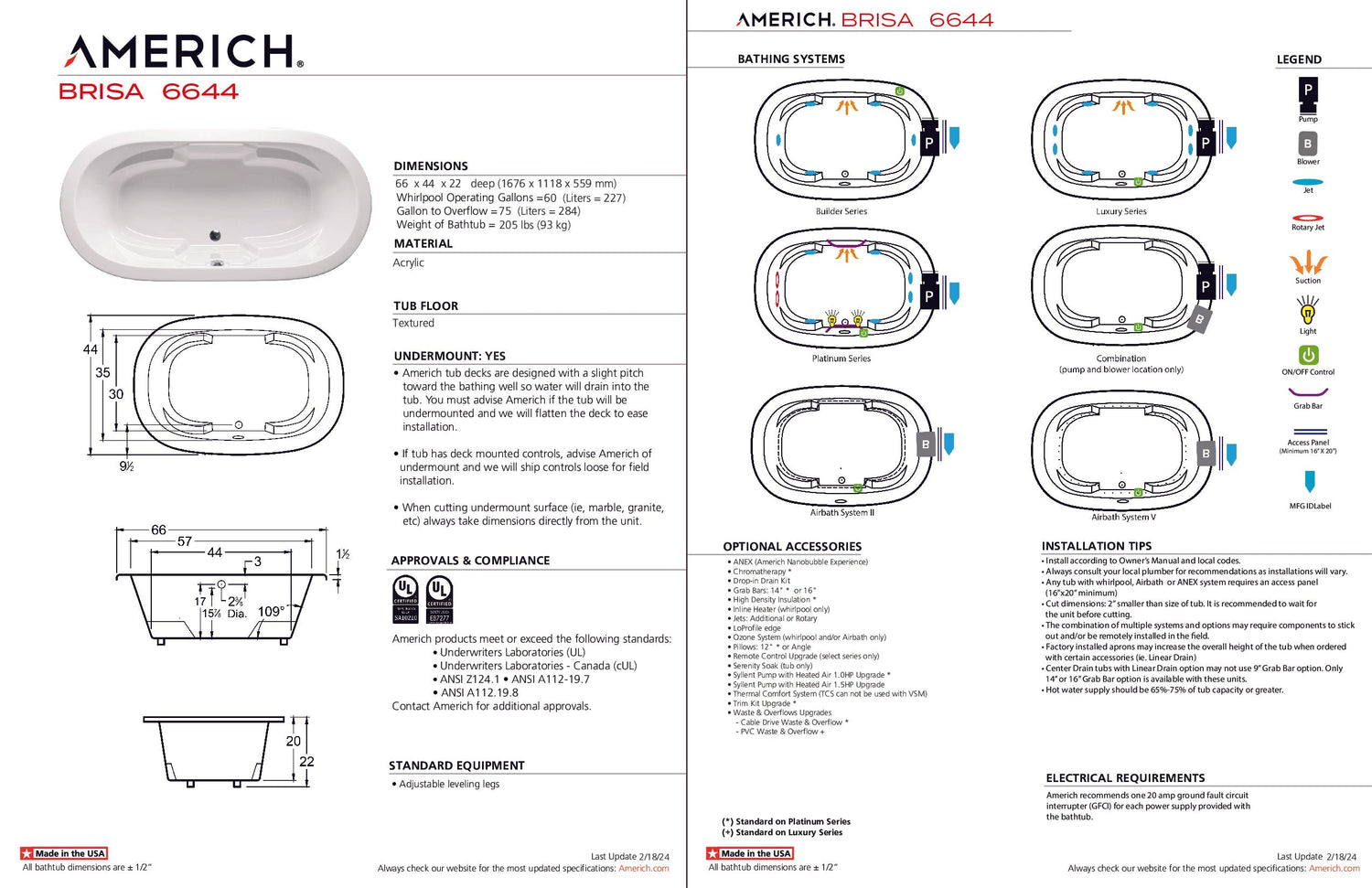 Americh BR6644TA2-BI Brisa 6644 - Tub Only / Airbath 2 - Biscuit