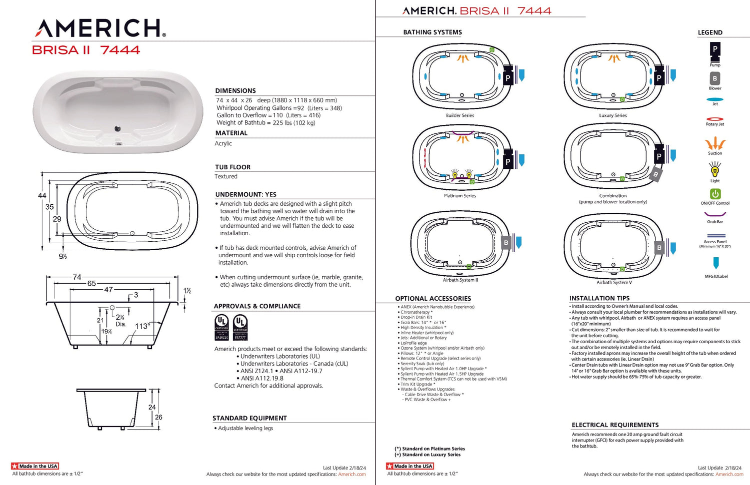 Americh BR7444-24TA2-BI Brisa II 7444 - Tub Only / Airbath 2 - Biscuit