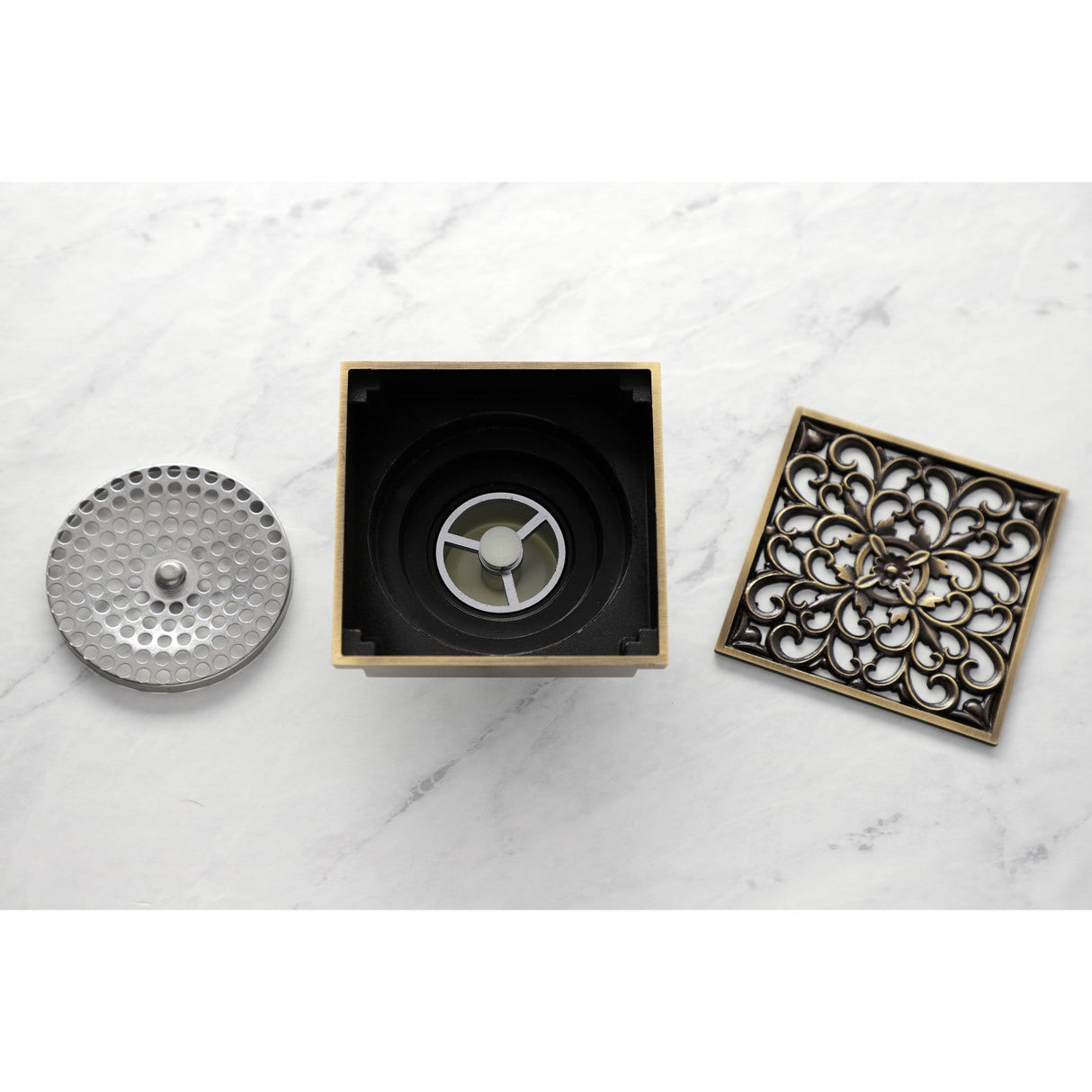 Watercourse BSF9771AB 4-Inch Square Grid Shower Drain with Hair Catcher, Antique Brass