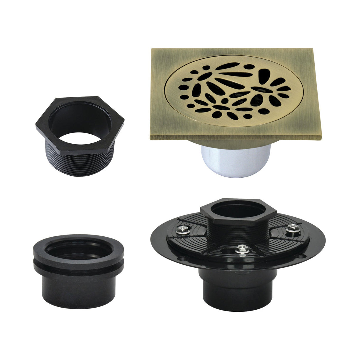 Watercourse BSFK6360AB 4-Inch Square Brass Shower Drain, Antique Brass