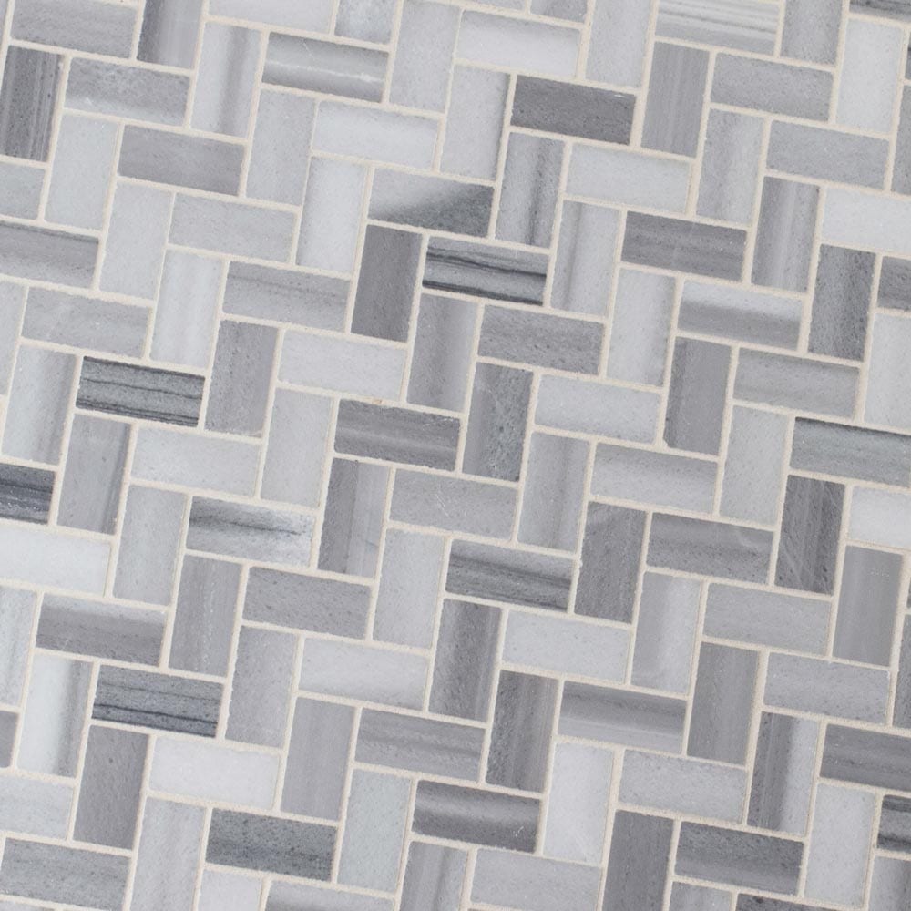 Bergamo herringbone 11.63X11.63 polished marble mesh mounted mosaic tile SMOT-BERGAMO-HB10MM product shot multiple tiles angle view