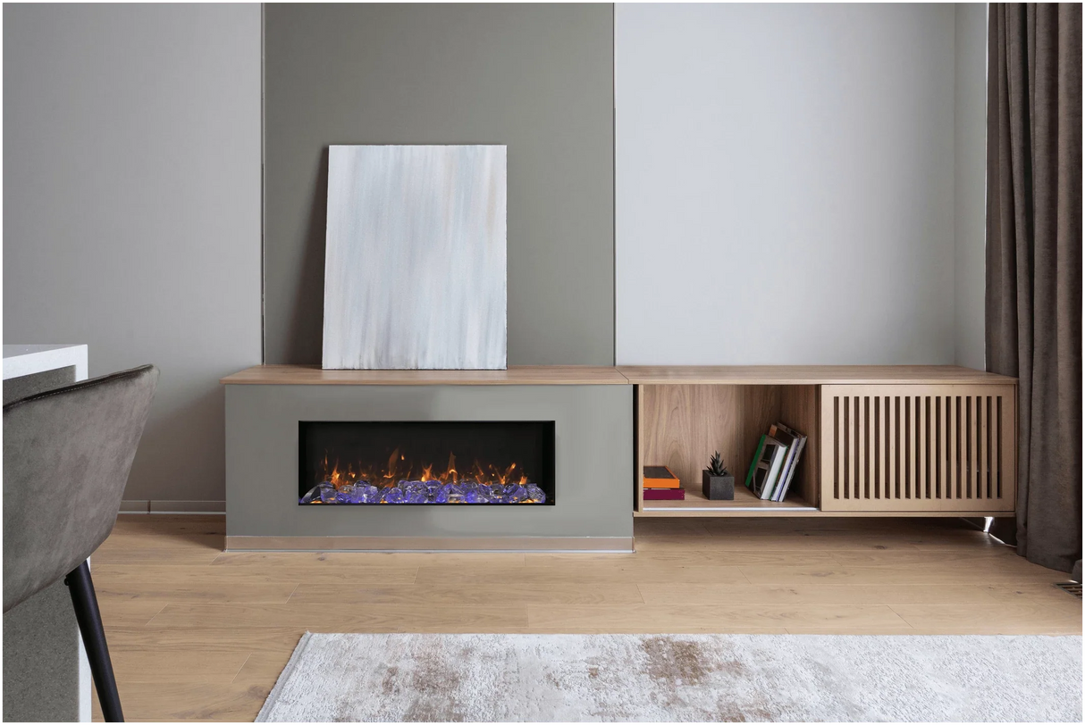 Amantii BI-88-SLIM-OD Panorama Slim Full View Smart Electric  - 88" Indoor /Outdoor WiFi Enabled Fireplace, featuring a MultiFunction Remote, Multi Speed Flame Motor, Glass Media & a Black Trim