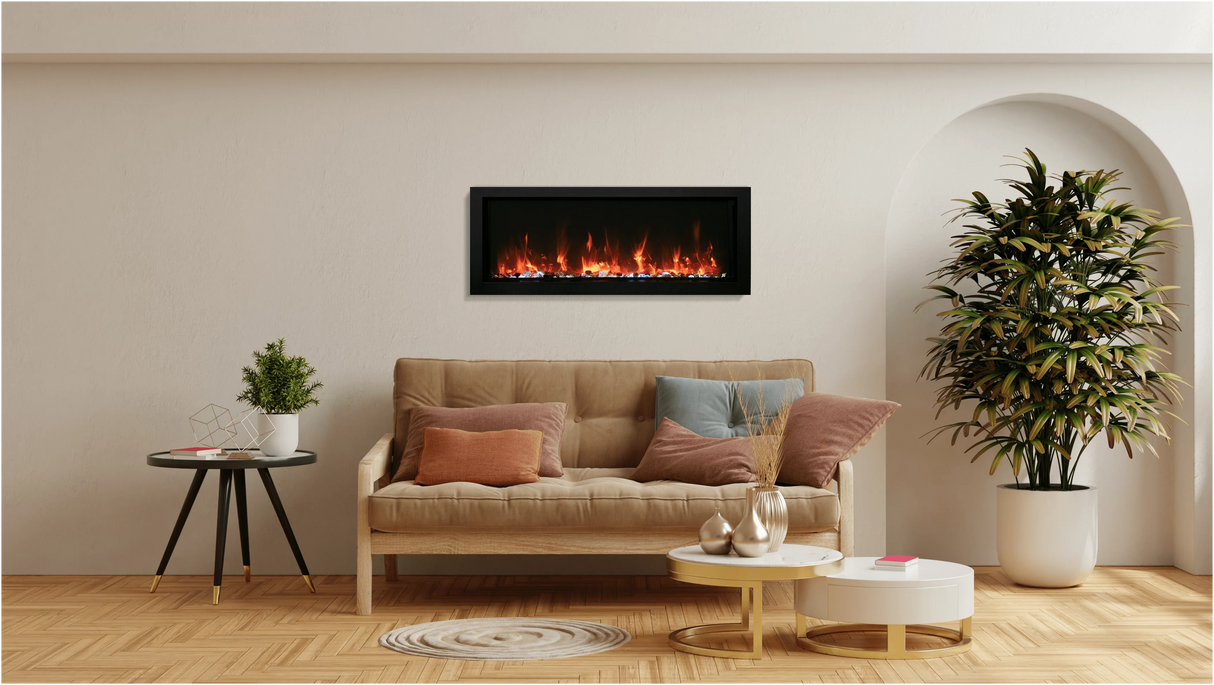 Amantii BI-40-SLIM-OD Panorama Slim Full View Smart Electric - 40" Indoor /Outdoor WiFi Enabled Fireplace, featuring a MultiFunction Remote, Multi Speed Flame Motor, Glass Media & a Black Trim