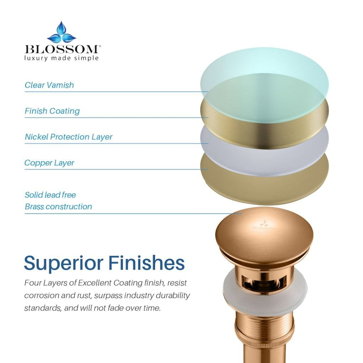 Blossom 1.25" Brushed Gold Brass Pop-Up Sink Drain With Overflow