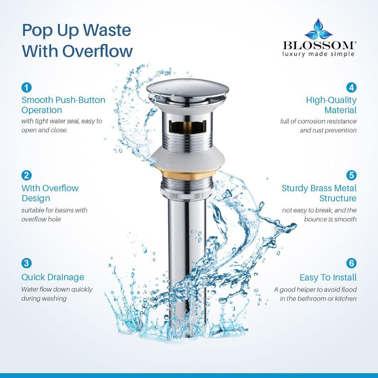 Blossom 1.25" Chrome Brass Pop-Up Sink Drain With Overflow