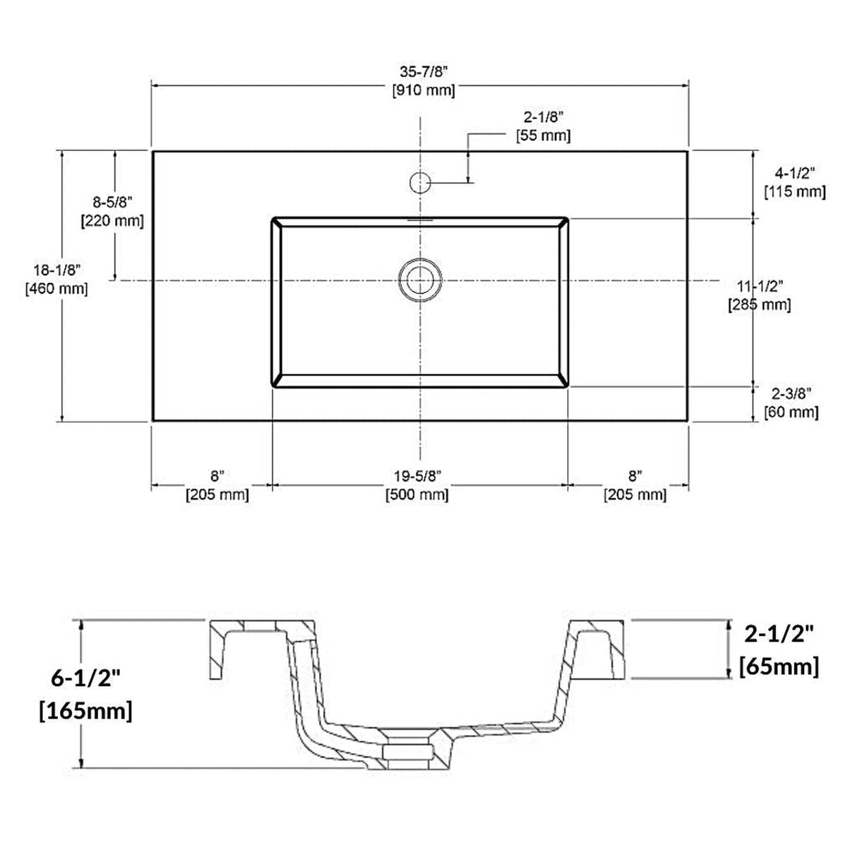 Blossom 36" x 18" White Rectangular Acrylic Vanity Top With Integrated Single Sink And Overflow