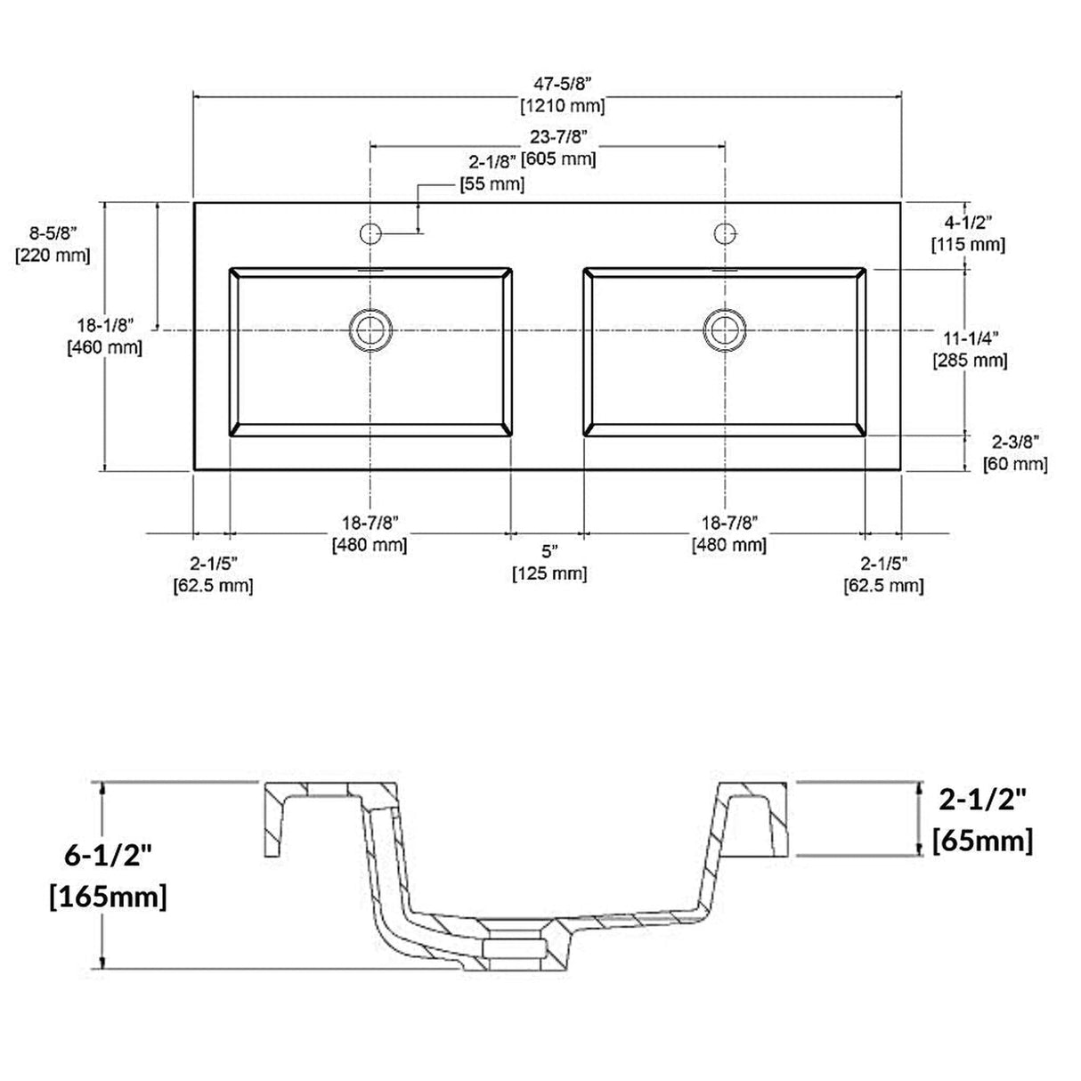 Blossom 48" x 18" White Rectangular Acrylic Vanity Top With Integrated Double Sink And Overflow