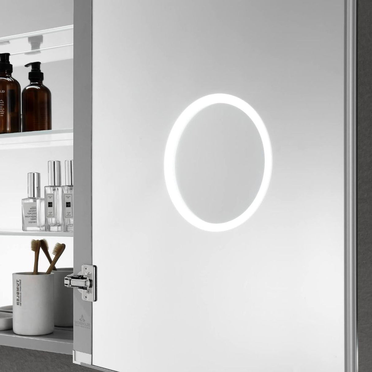 Blossom Asta 24" Recessed or Surface Mount Left and Right-Hinged Door LED Mirror Medicine Cabinet Set Of 2 With Adjustable Glass Shelves, Built-In Defogger, Dimmer, Digital Clock, Temp Display, USB & Electrical Outlet