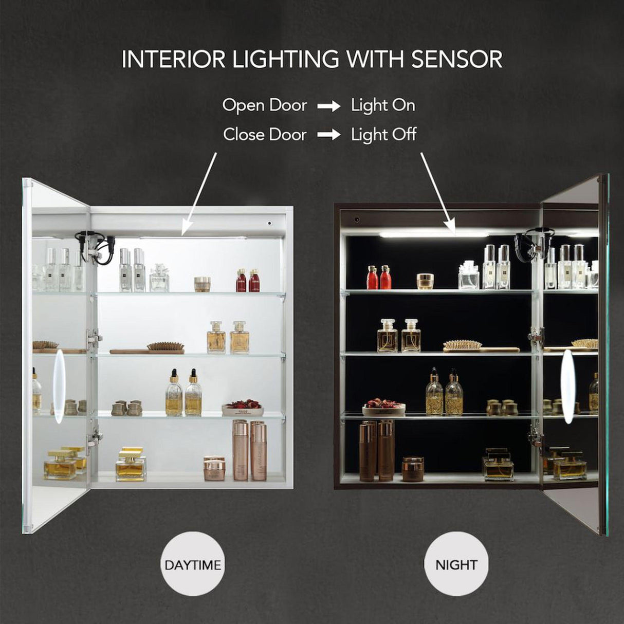 Blossom Asta 24" Recessed or Surface Mount Left and Right-Hinged Door LED Mirror Medicine Cabinet Set Of 2 With Adjustable Glass Shelves, Built-In Defogger, Dimmer, Digital Clock, Temp Display, USB & Electrical Outlet