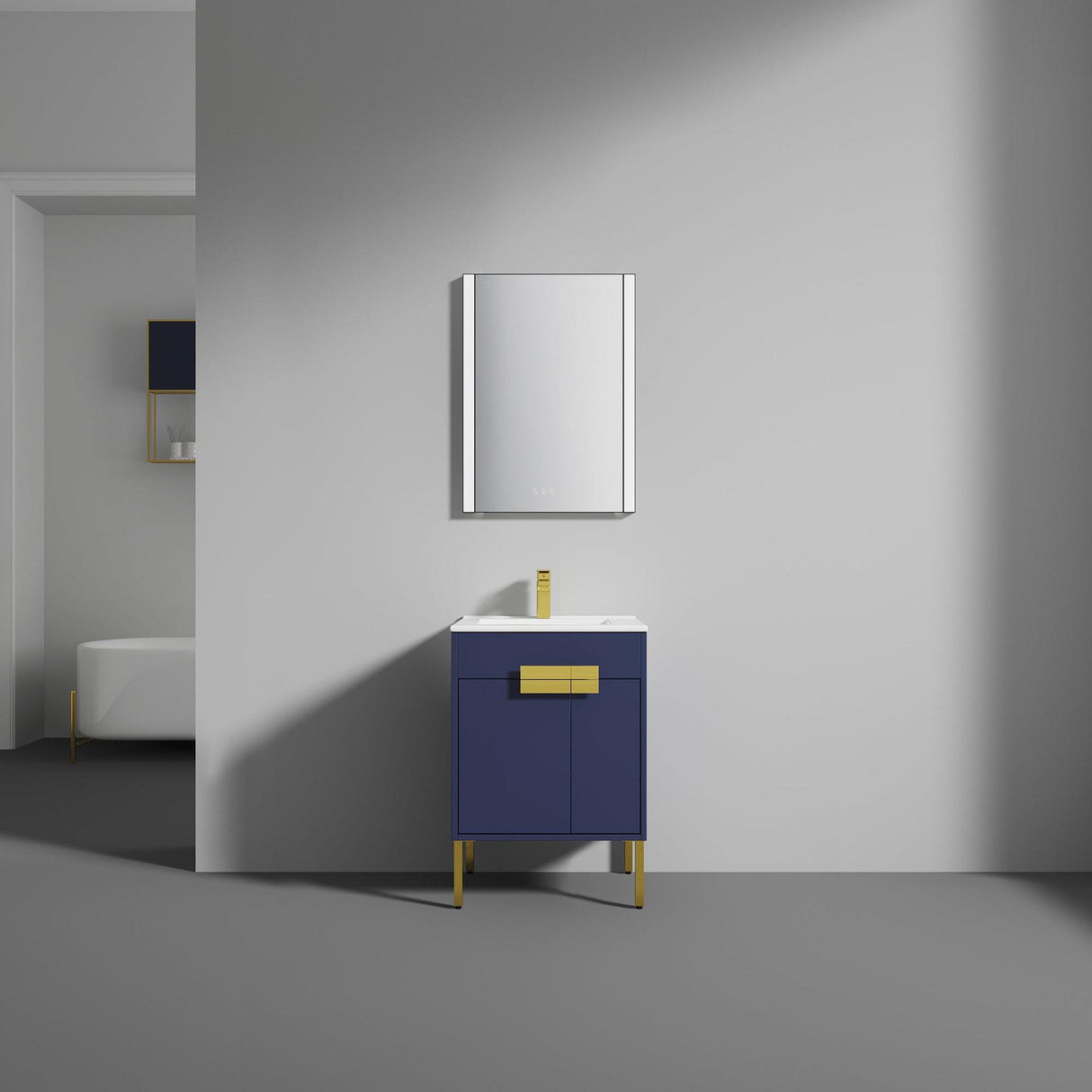 Blossom Bari 24" 2-Door Navy Blue Freestanding Single Vanity Base With Adjustable Shelf, Brushed Gold Handles & Legs