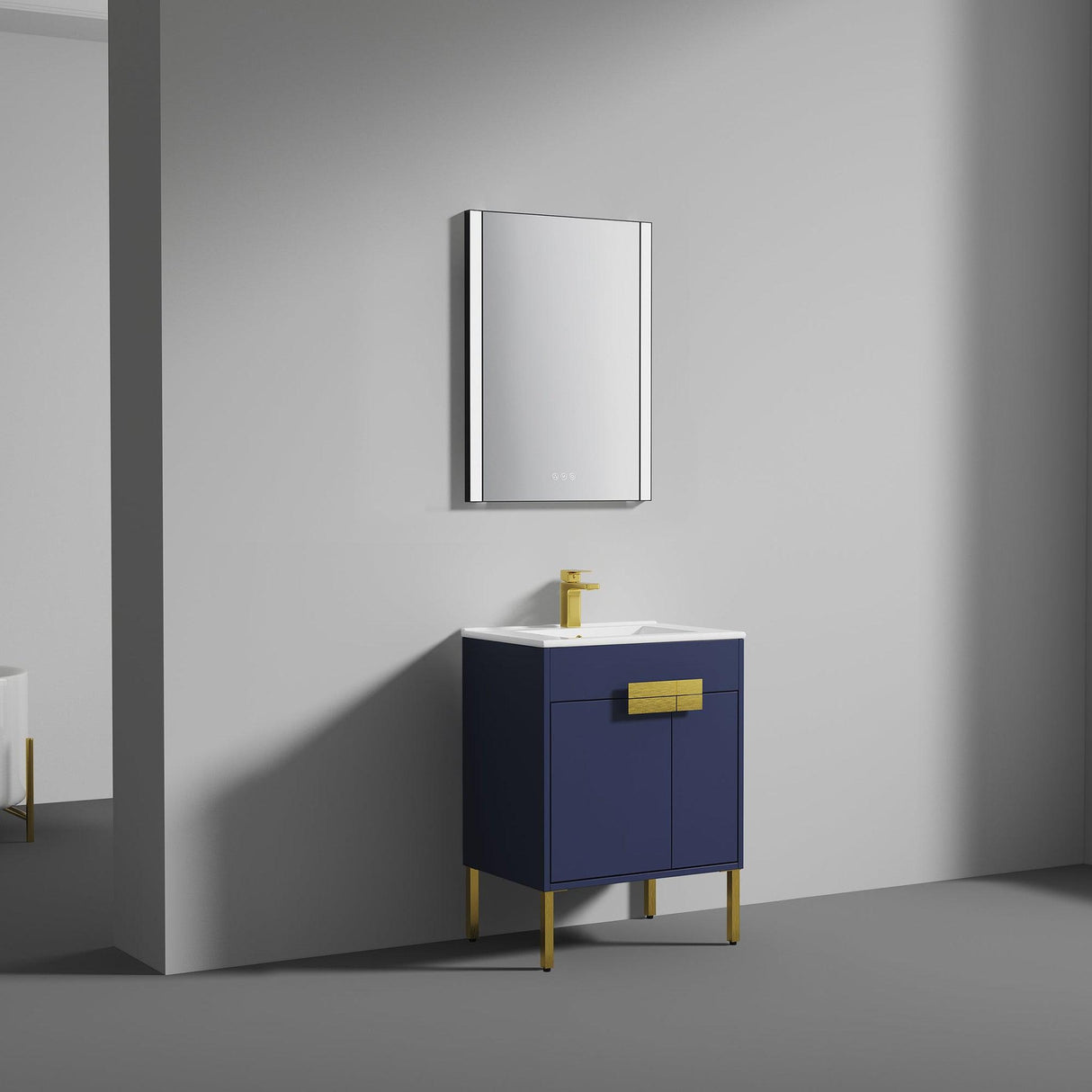 Blossom Bari 24" 2-Door Navy Blue Freestanding Single Vanity Base With Adjustable Shelf, Brushed Gold Handles & Legs