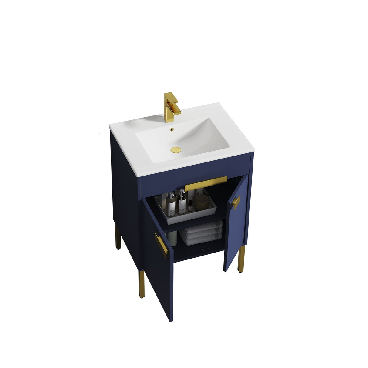 Blossom Bari 24" 2-Door Navy Blue Freestanding Single Vanity Base With Adjustable Shelf, Brushed Gold Handles & Legs