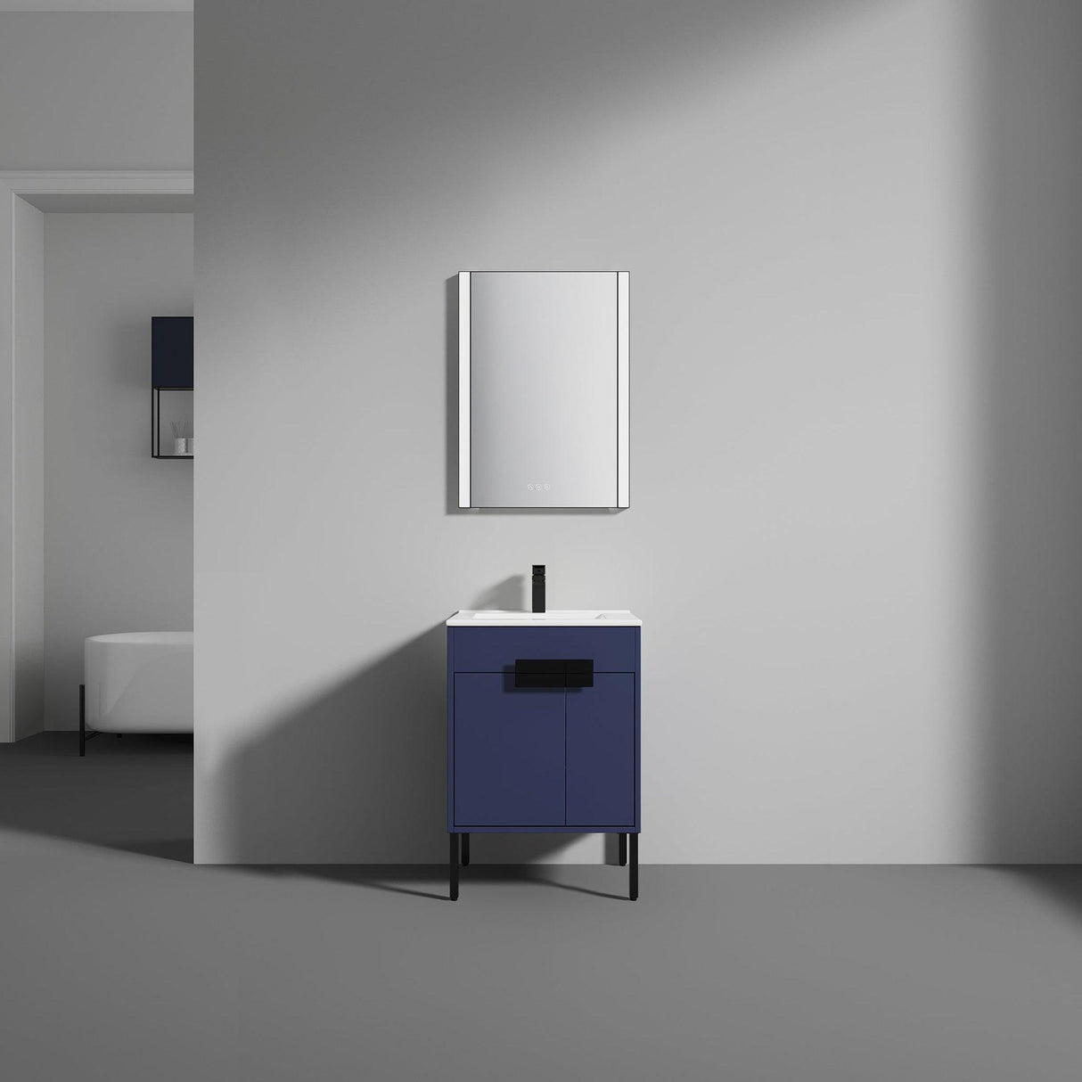 Blossom Bari 24" 2-Door Navy Blue Freestanding Single Vanity Base With Adjustable Shelf, Matte Black Handles & Legs